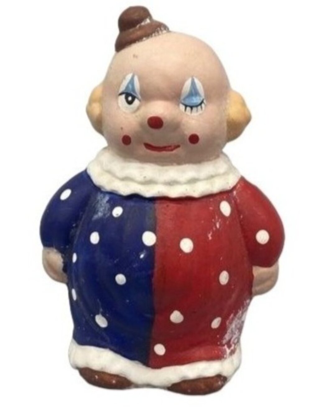 Vintage figurine 4" Red Blue Clown wink hat bald 4" Tall READ